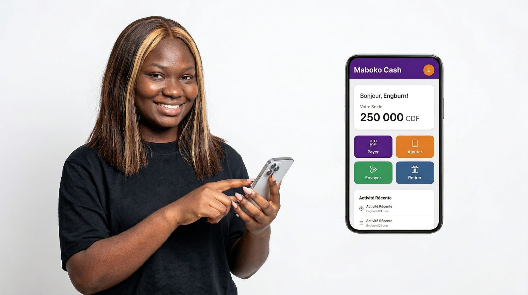 Woman using Maboko Cash app on her phone